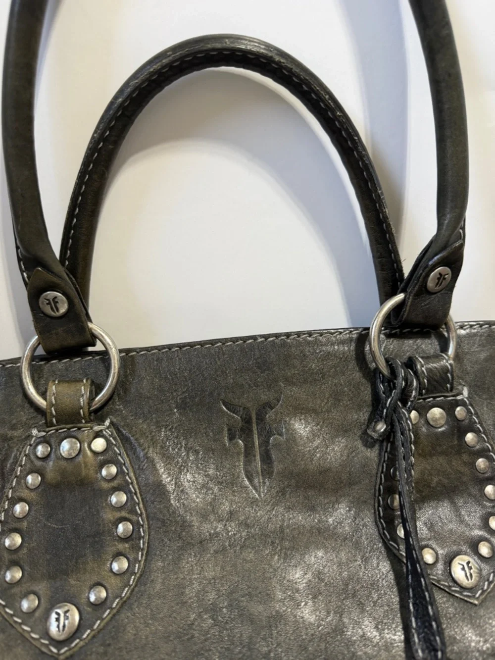 Frye Melissa rustic distressed black leather silver studded moto large tote bag - Picture 5 of 13